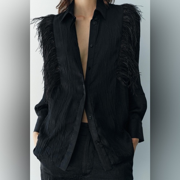 NWT ZARA ZW COLLECTION FEATHERS SHIRT & SATIN EFFECT CRINKLE PANTS - Picture 2 of 16